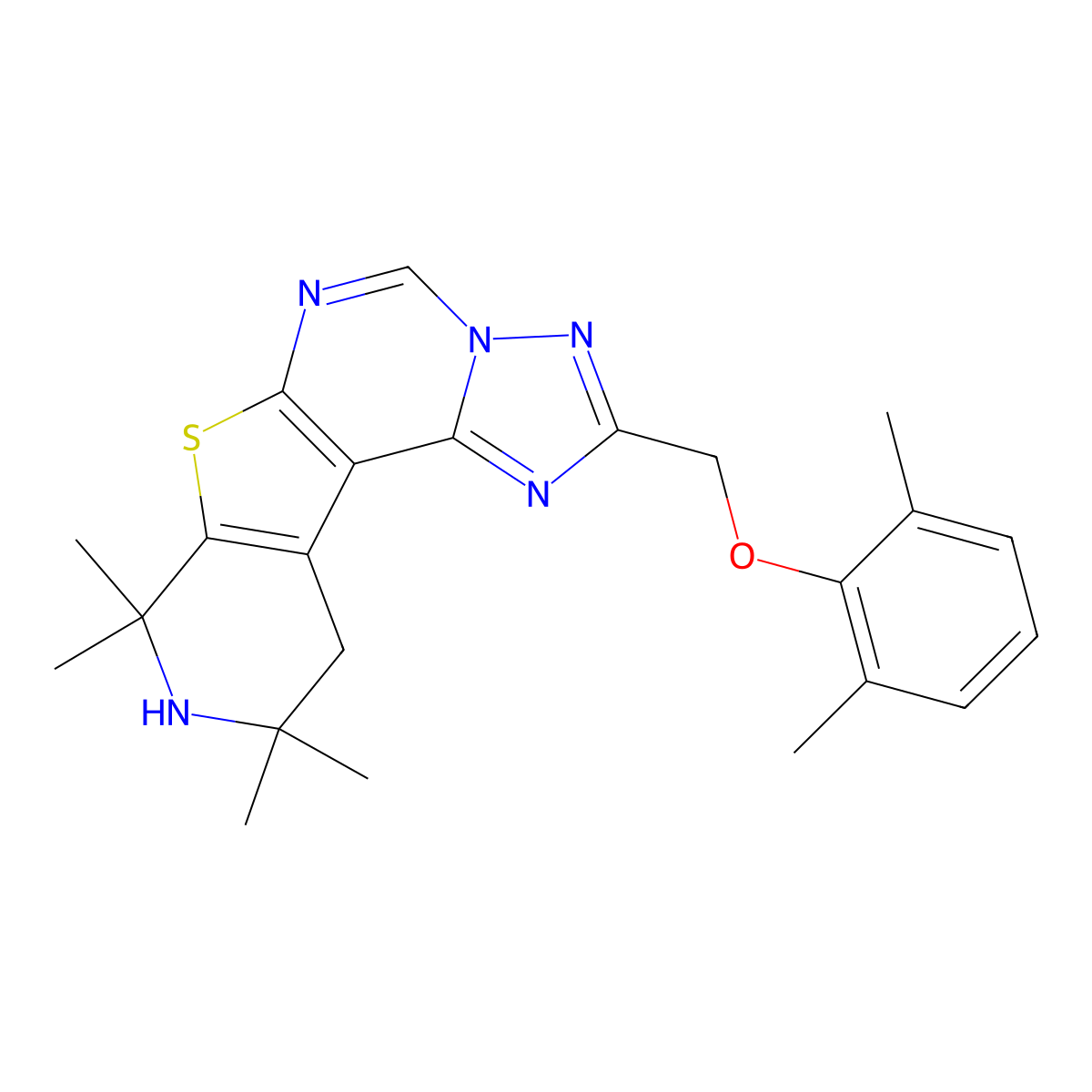 2-((2,6-Dimethylphenoxy)methyl)-8,8,10,10-tetramethyl-8,9,10,11-tetrahydropyrido[4',3':4,5]thieno[3,2-e][1,2,4]triazolo[1,5-c]pyrimidine molecular structure, CAS 333775-18-1