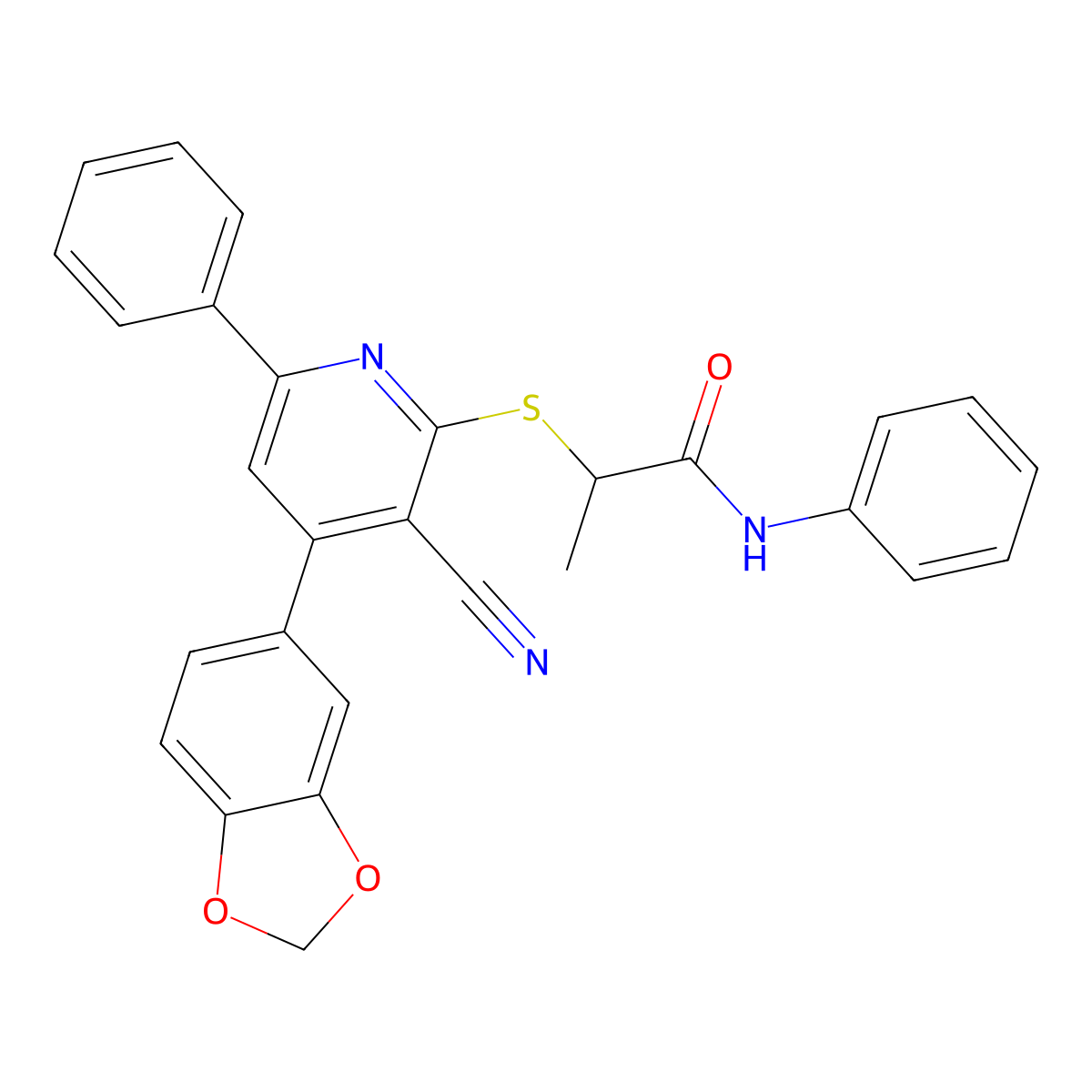 2-((4-(Benzo[d][1,3]dioxol-5-yl)-3-cyano-6-phenylpyridin-2-yl)thio)-N-phenylpropanamide molecular structure, CAS 333777-91-6