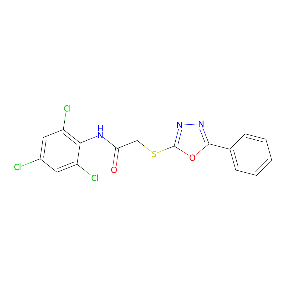 2-((5-Phenyl-1,3,4-oxadiazol-2-yl)thio)-N-(2,4,6-trichlorophenyl)acetamide molecular structure, CAS 333777-94-9