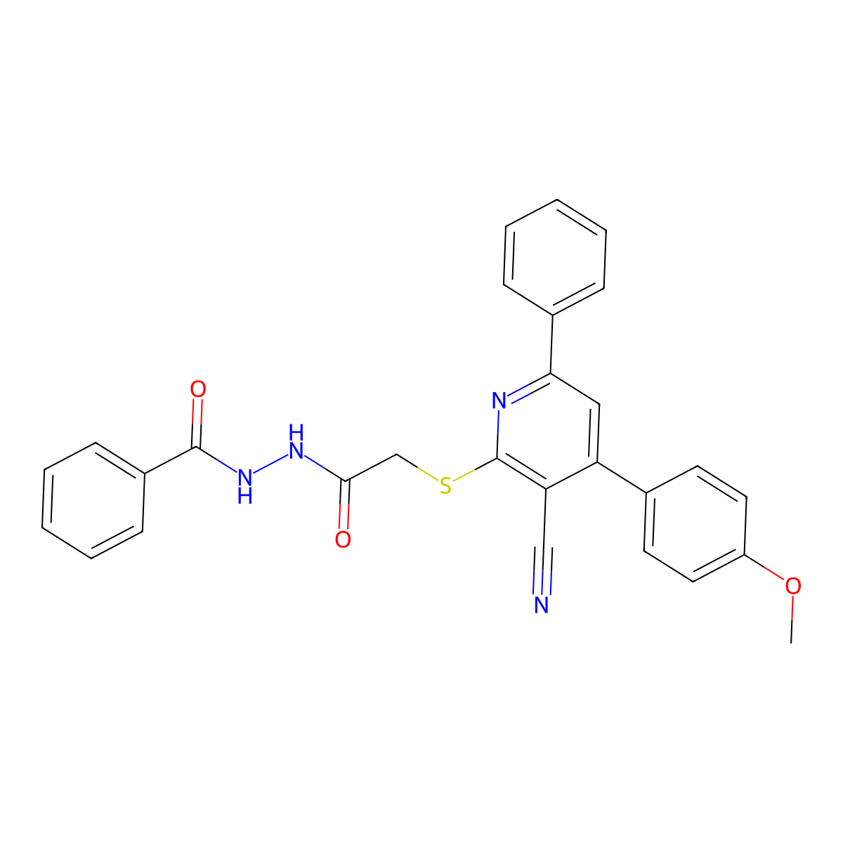 N'-(2-((3-Cyano-4-(4-methoxyphenyl)-6-phenylpyridin-2-yl)thio)acetyl)benzohydrazide molecular structure, CAS 333777-95-0