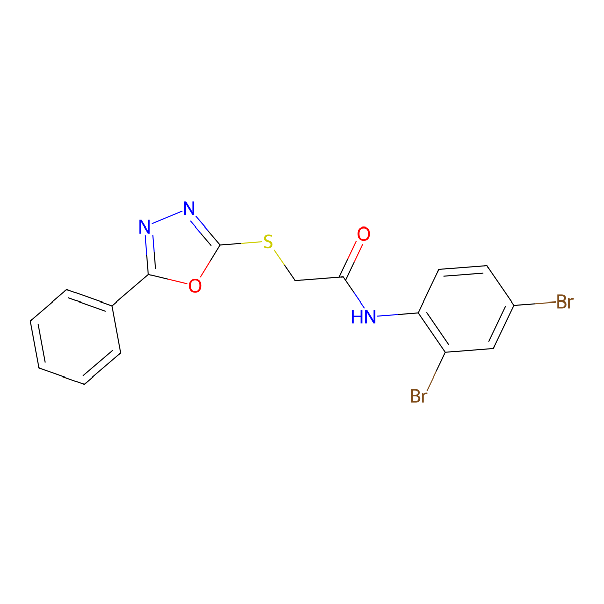 N-(2,4-Dibromophenyl)-2-((5-phenyl-1,3,4-oxadiazol-2-yl)thio)acetamide molecular structure, CAS 333777-99-4