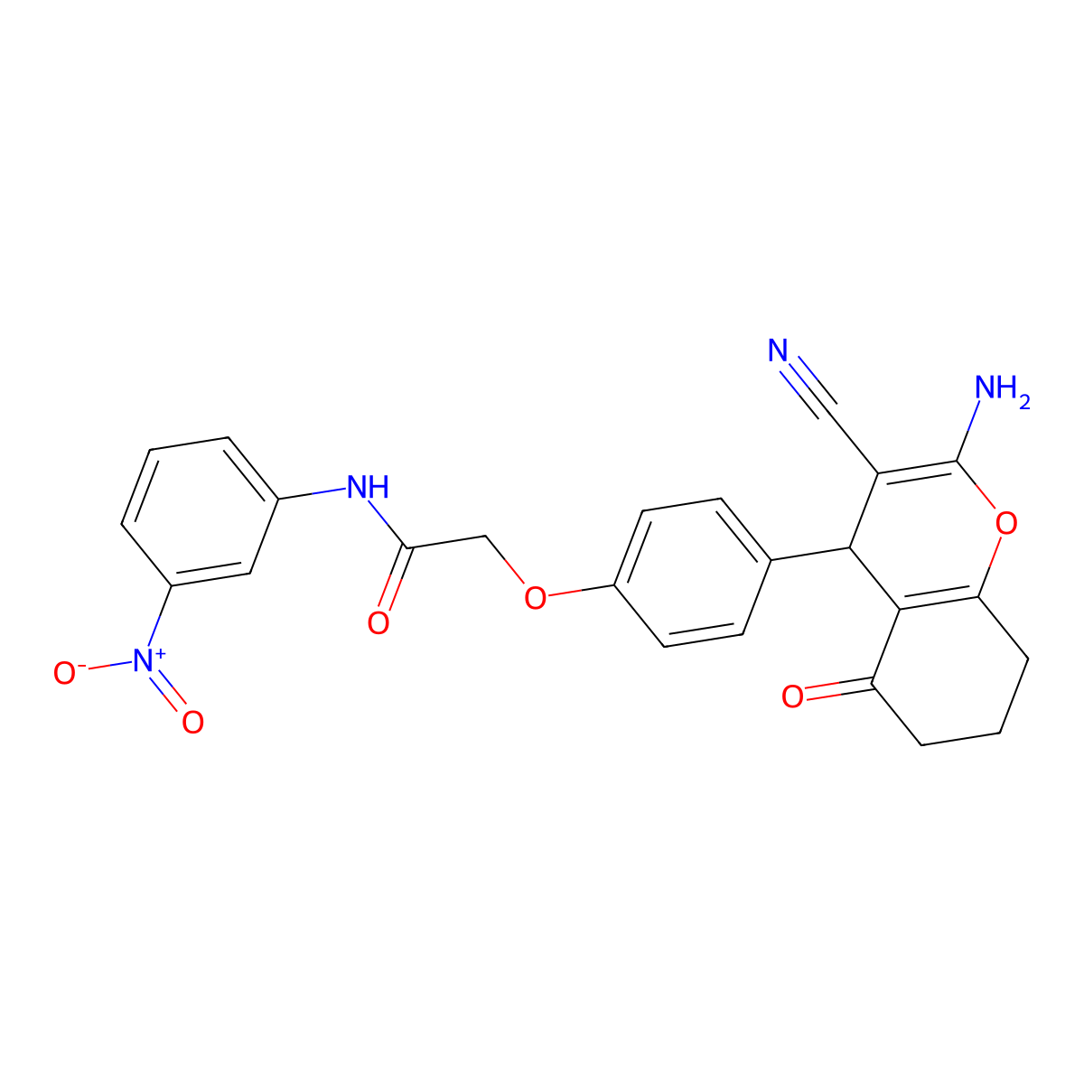2-(4-(2-Amino-3-cyano-5-oxo-5,6,7,8-tetrahydro-4H-chromen-4-yl)phenoxy)-N-(3-nitrophenyl)acetamide molecular structure, CAS 333778-08-8