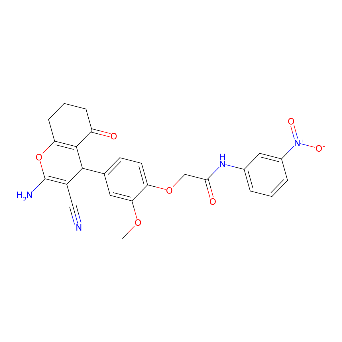 2-(4-(2-Amino-3-cyano-5-oxo-5,6,7,8-tetrahydro-4H-chromen-4-yl)-2-methoxyphenoxy)-N-(3-nitrophenyl)acetamide molecular structure, CAS 333778-09-9