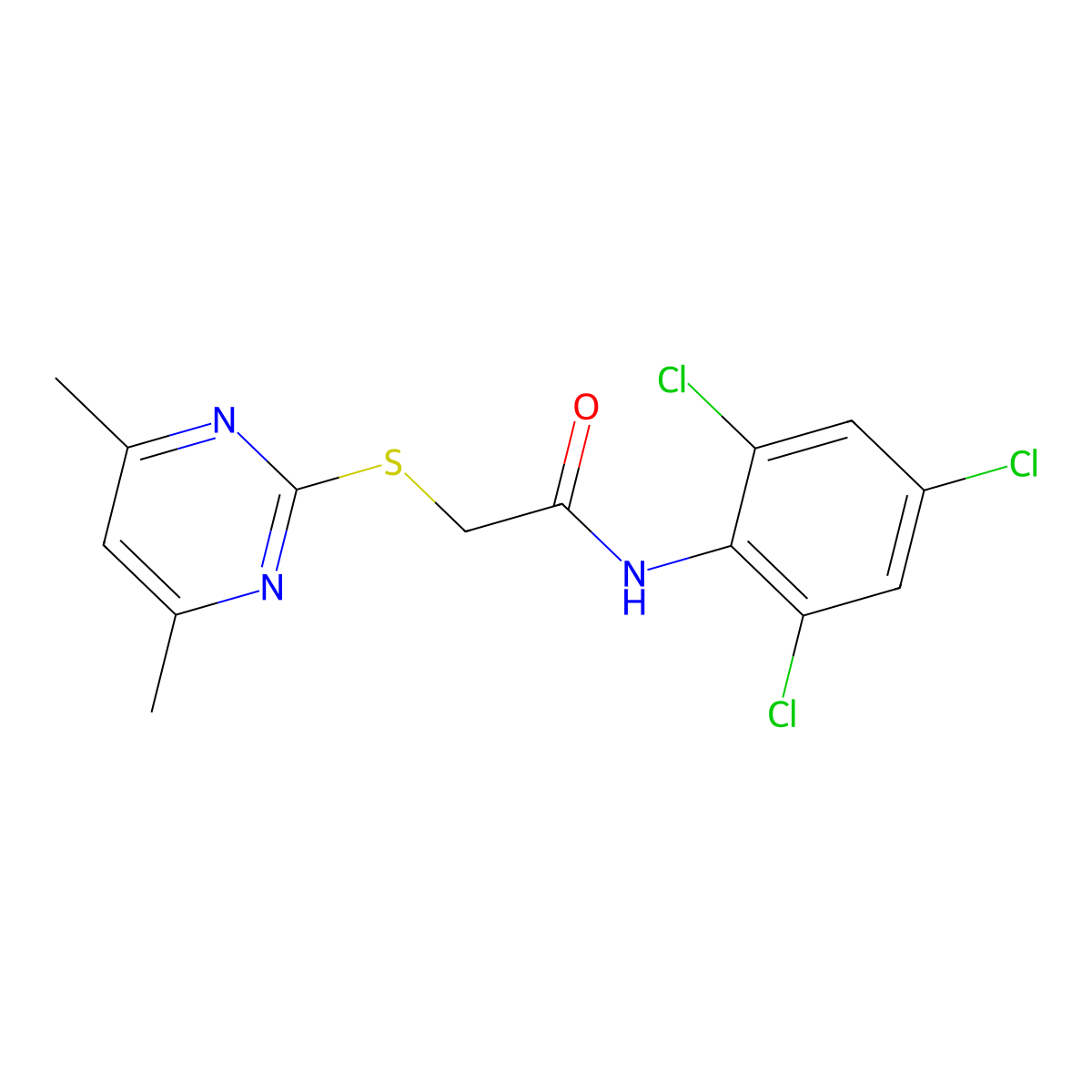 2-((4,6-Dimethylpyrimidin-2-yl)thio)-N-(2,4,6-trichlorophenyl)acetamide molecular structure, CAS 333778-22-6