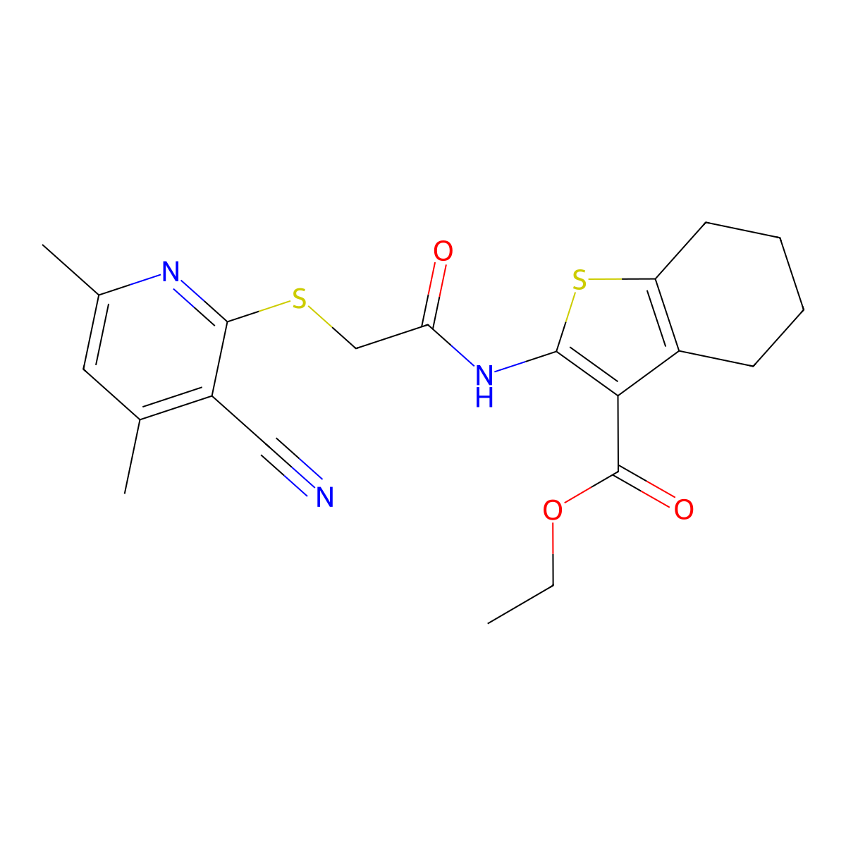Ethyl 2-(2-((3-cyano-4,6-dimethylpyridin-2-yl)thio)acetamido)-4,5,6,7-tetrahydrobenzo[b]thiophene-3-carboxylate molecular structure, CAS 333778-29-3