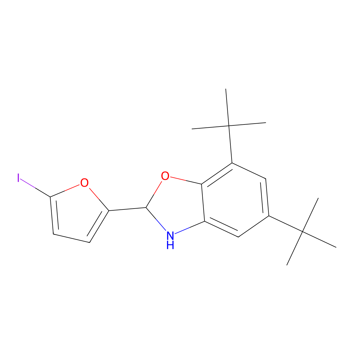 5,7-Ditert-butyl-2-(5-iodofuran-2-yl)-2,3-dihydro-1,3-benzoxazole molecular structure, CAS 333778-44-2