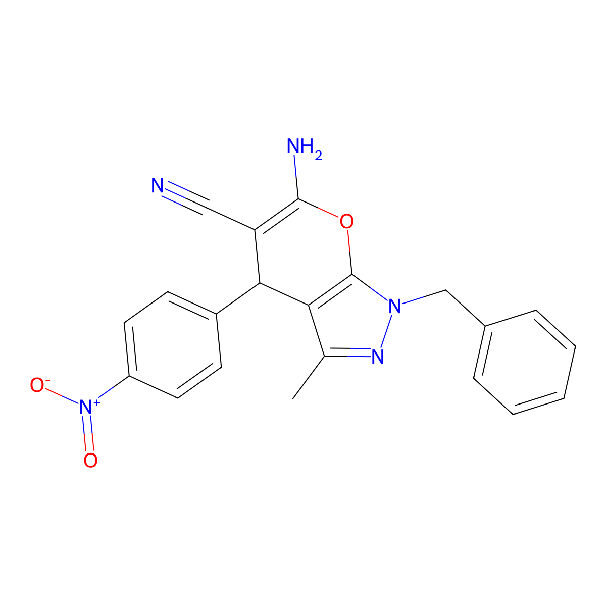 6-Amino-1-benzyl-3-methyl-4-(4-nitrophenyl)-1,4-dihydropyrano[2,3-c]pyrazole-5-carbonitrile molecular structure, CAS 333778-64-6