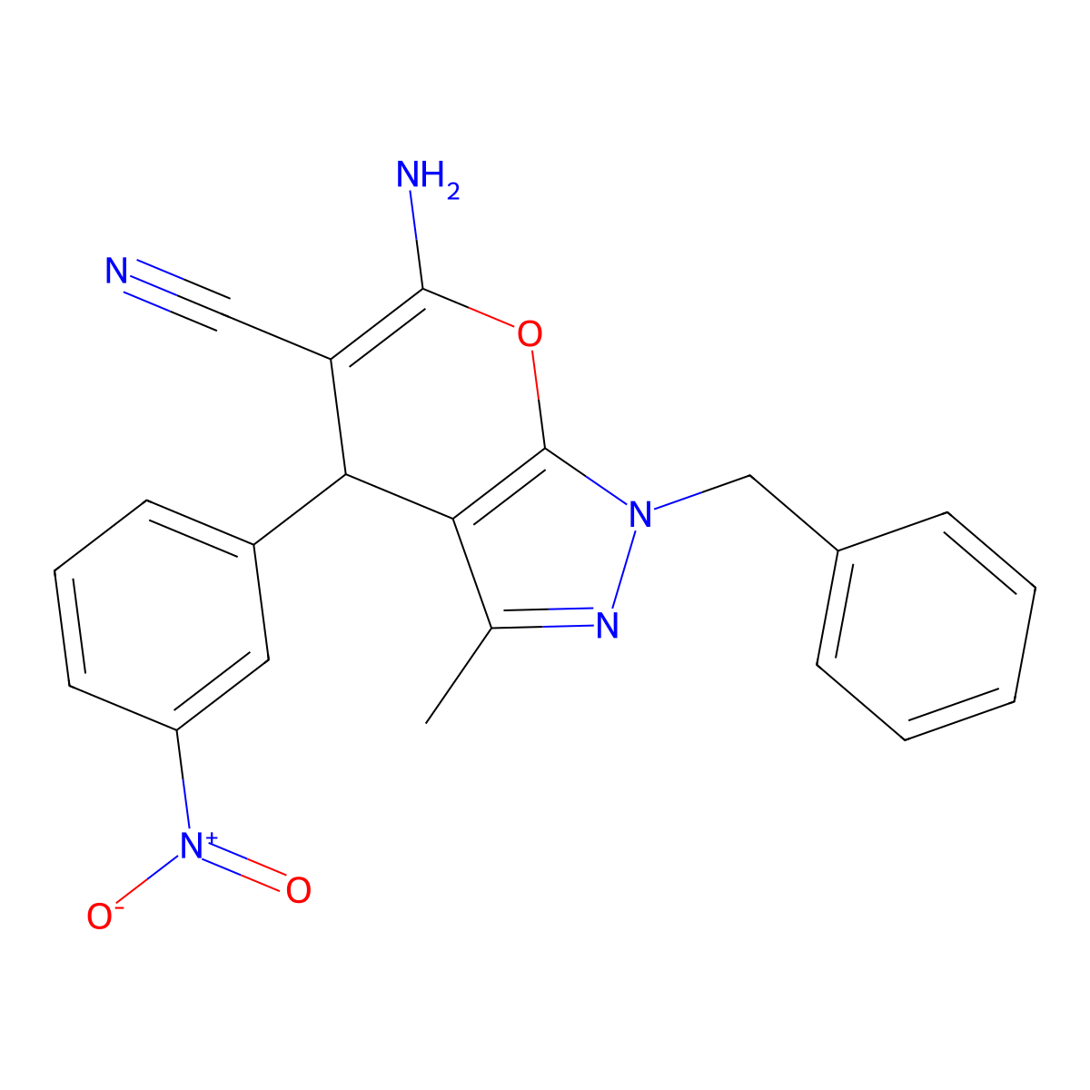 6-Amino-1-benzyl-3-methyl-4-(3-nitrophenyl)-1,4-dihydropyrano[2,3-c]pyrazole-5-carbonitrile molecular structure, CAS 333778-65-7