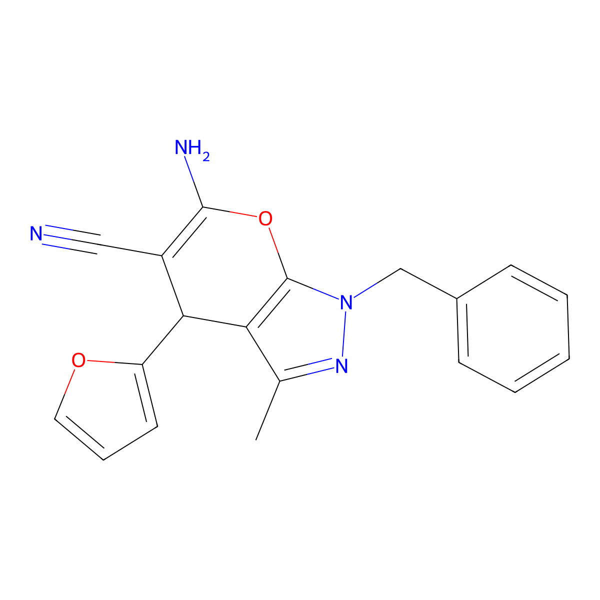 6-Amino-1-benzyl-4-(furan-2-yl)-3-methyl-1,4-dihydropyrano[2,3-c]pyrazole-5-carbonitrile molecular structure, CAS 333778-67-9
