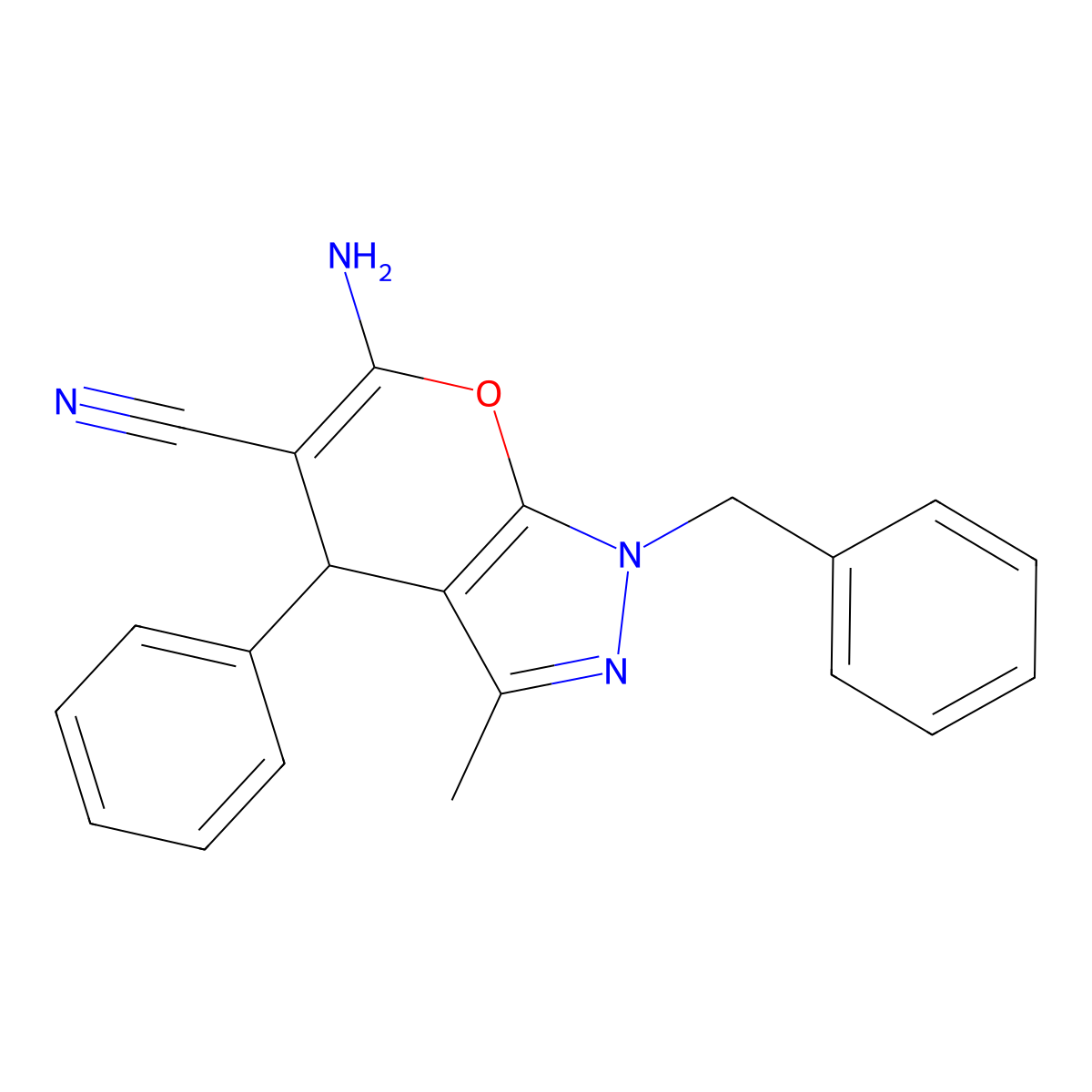 6-Amino-1-benzyl-3-methyl-4-phenyl-1,4-dihydropyrano[2,3-c]pyrazole-5-carbonitrile molecular structure, CAS 333778-68-0