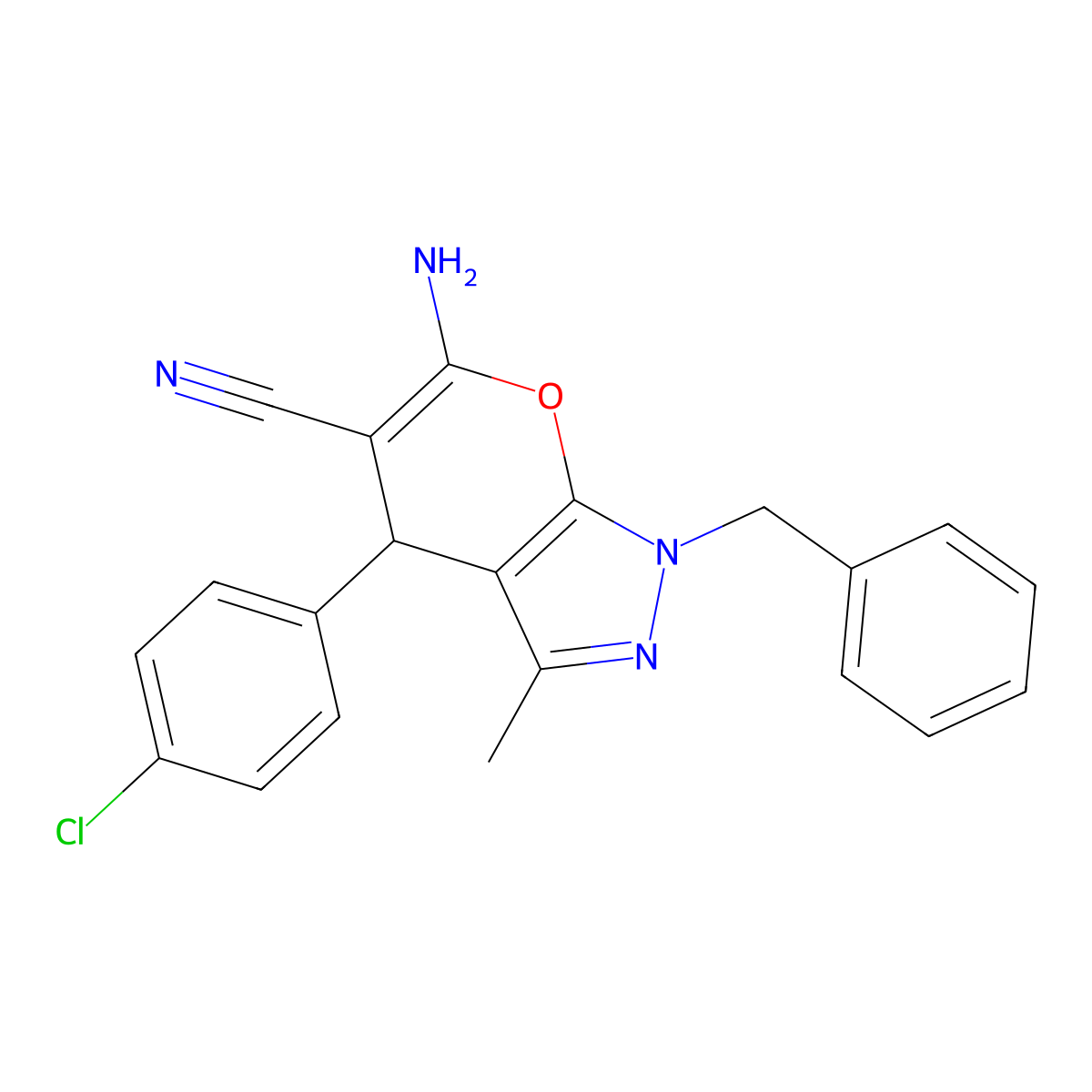 6-Amino-1-benzyl-4-(4-chlorophenyl)-3-methyl-1,4-dihydropyrano[2,3-c]pyrazole-5-carbonitrile molecular structure, CAS 333778-69-1