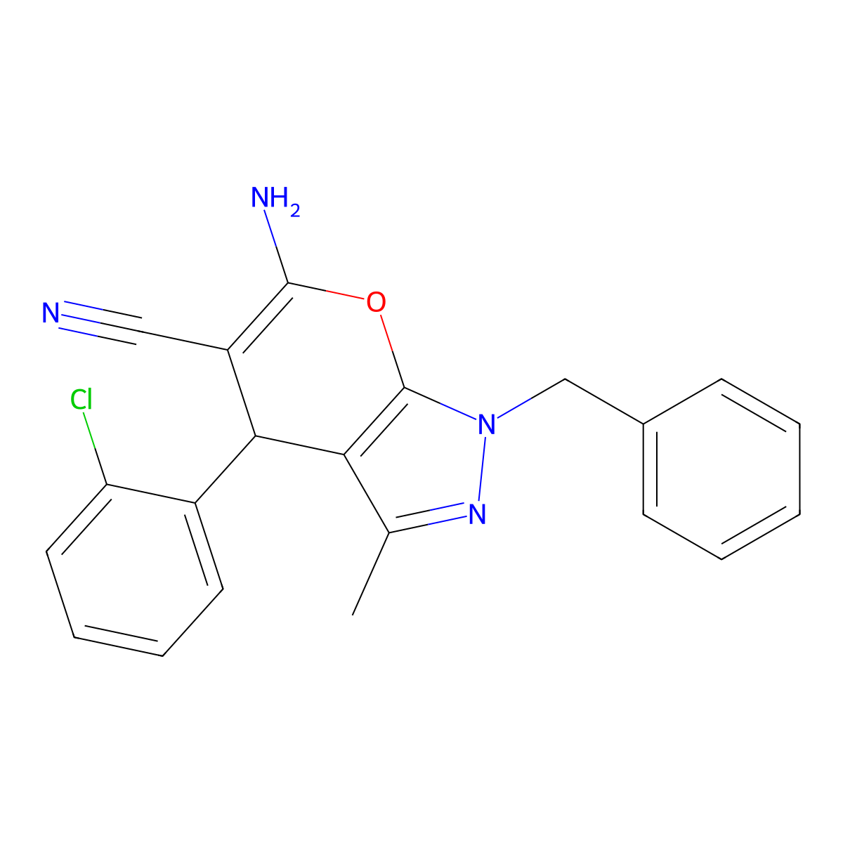 6-amino-1-benzyl-4-(2-chlorophenyl)-3-methyl-4H-pyrano[2,3-c]pyrazole-5-carbonitrile molecular structure, CAS 333778-71-5