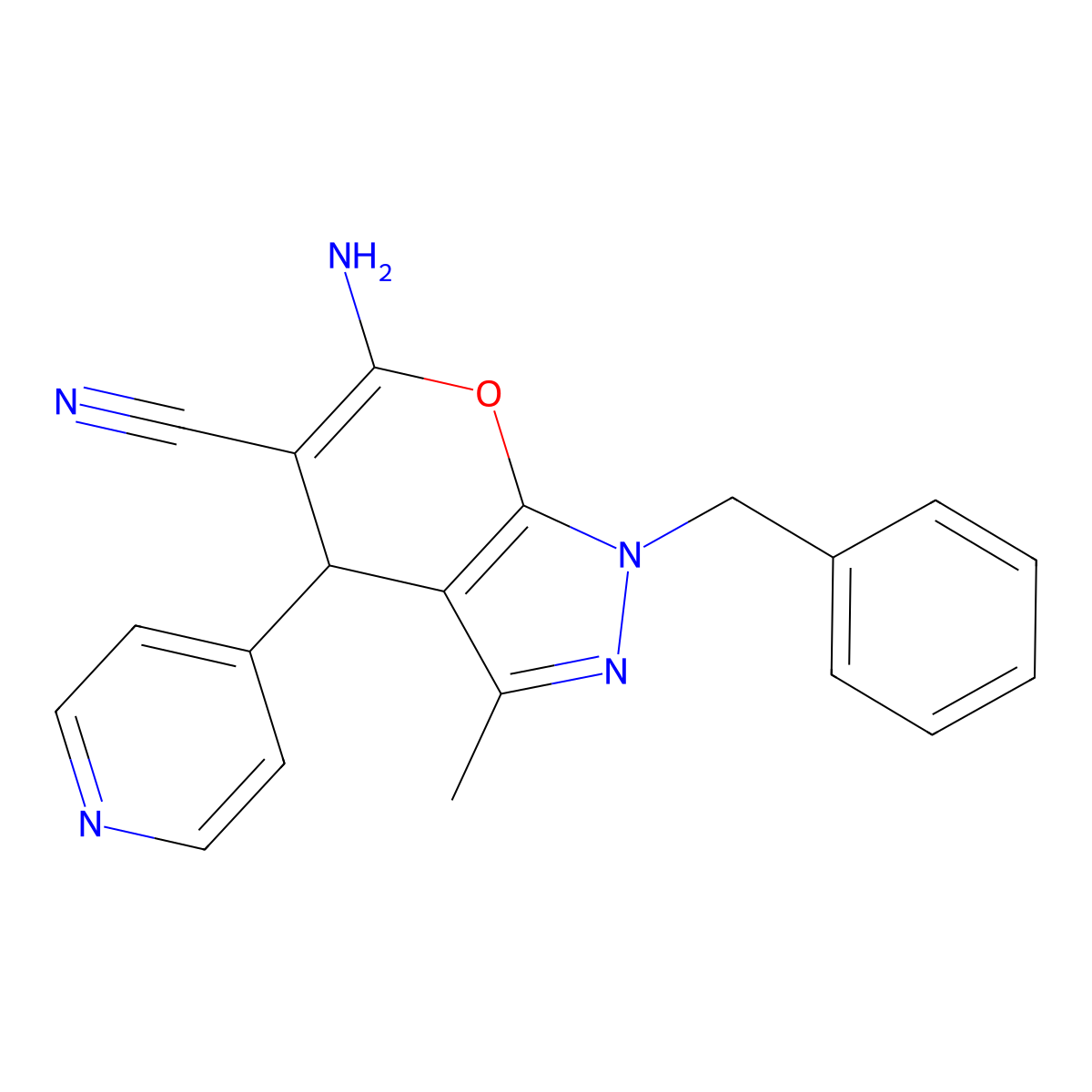 6-Amino-1-benzyl-3-methyl-4-(pyridin-4-yl)-1,4-dihydropyrano[2,3-c]pyrazole-5-carbonitrile molecular structure, CAS 333778-73-7