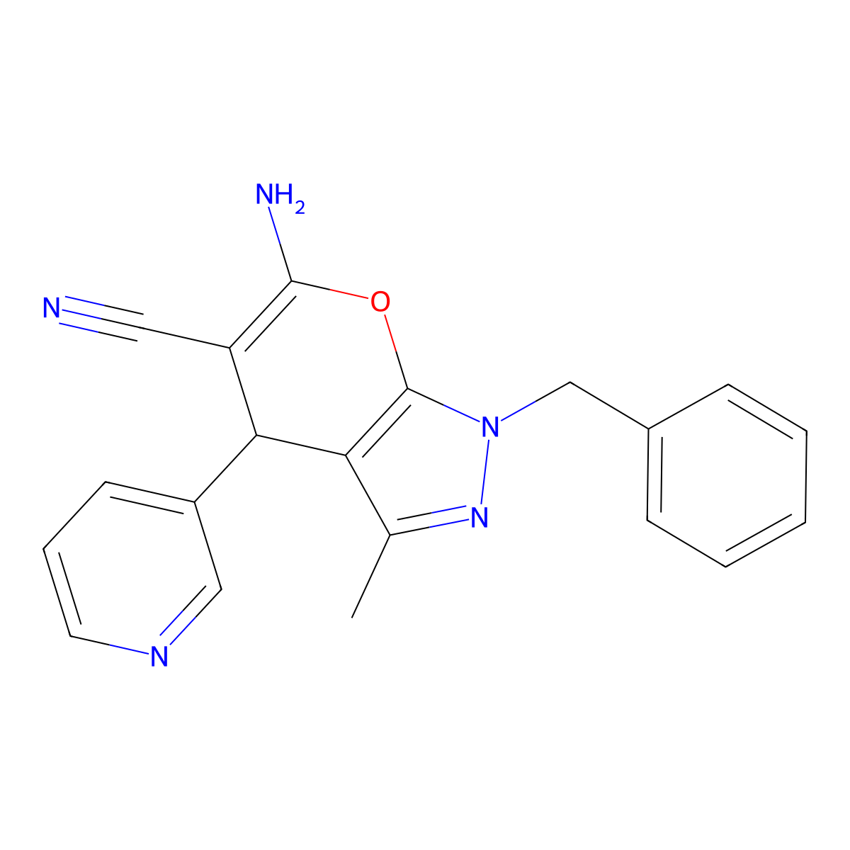 6-Amino-1-benzyl-3-methyl-4-(pyridin-3-yl)-1,4-dihydropyrano[2,3-c]pyrazole-5-carbonitrile molecular structure, CAS 333778-74-8