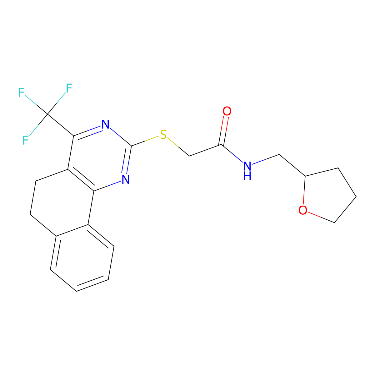 N-(oxolan-2-ylmethyl)-2-[[4-(trifluoromethyl)-5,6-dihydrobenzo[h]quinazolin-2-yl]sulfanyl]acetamide molecular structure, CAS 333784-79-5