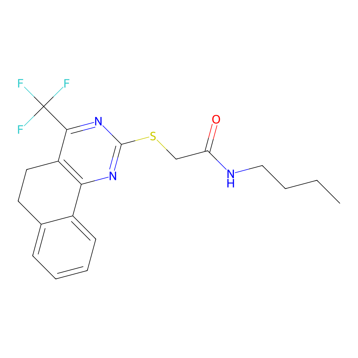 N-Butyl-2-(4-trifluoromethyl-5,6-dihydro-benzo[h]quinazolin-2-ylsulfanyl)-acetamide molecular structure, CAS 333784-81-9
