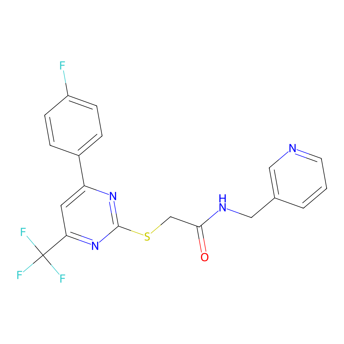 2-[4-(4-fluorophenyl)-6-(trifluoromethyl)pyrimidin-2-yl]sulfanyl-N-(pyridin-3-ylmethyl)acetamide molecular structure, CAS 333787-32-9