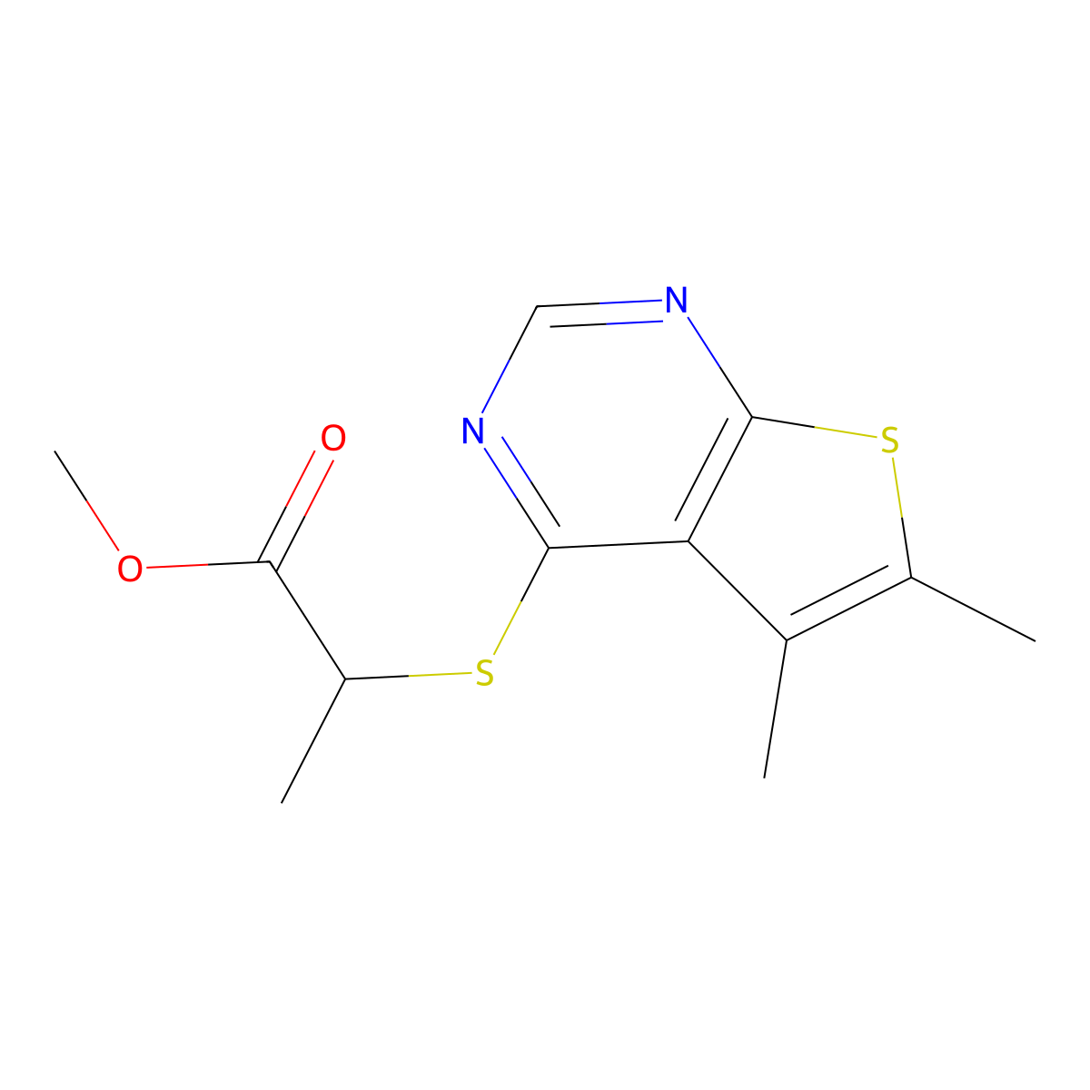 Methyl 2-(5,6-dimethylthieno[2,3-d]pyrimidin-4-yl)sulfanylpropanoate molecular structure, CAS 333789-42-7
