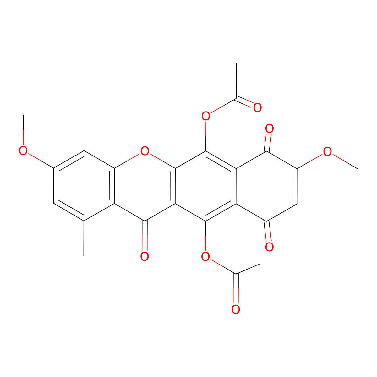 10H-Benzo(b)xanthene-7,10,12-trione, 6,11-dihydroxy-3,8-dimethoxy-1-methyl-, diacetate molecular structure, CAS 33390-28-2