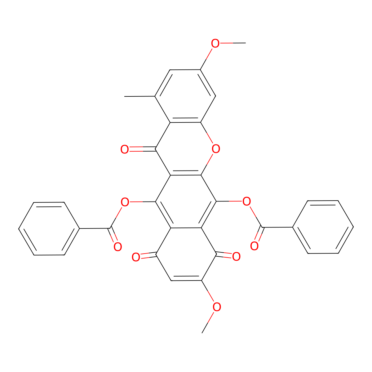 10H-Benzo(b)xanthene-7,10,12-trione, 6,11-dihydroxy-3,8-dimethoxy-1-methyl-, dibenzoate molecular structure, CAS 33390-32-8