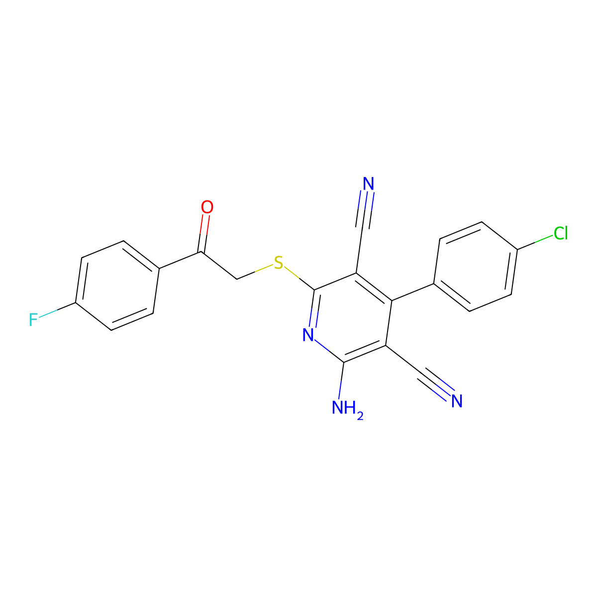 2-Amino-4-(4-chlorophenyl)-6-[2-(4-fluorophenyl)-2-oxoethyl]sulfanylpyridine-3,5-dicarbonitrile molecular structure, CAS 333960-34-2