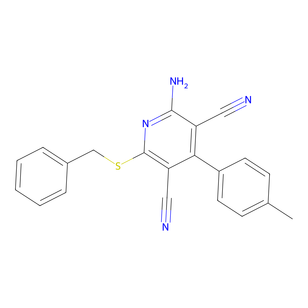 2-Amino-6-(benzylthio)-4-(p-tolyl)pyridine-3,5-dicarbonitrile molecular structure, CAS 333960-85-3