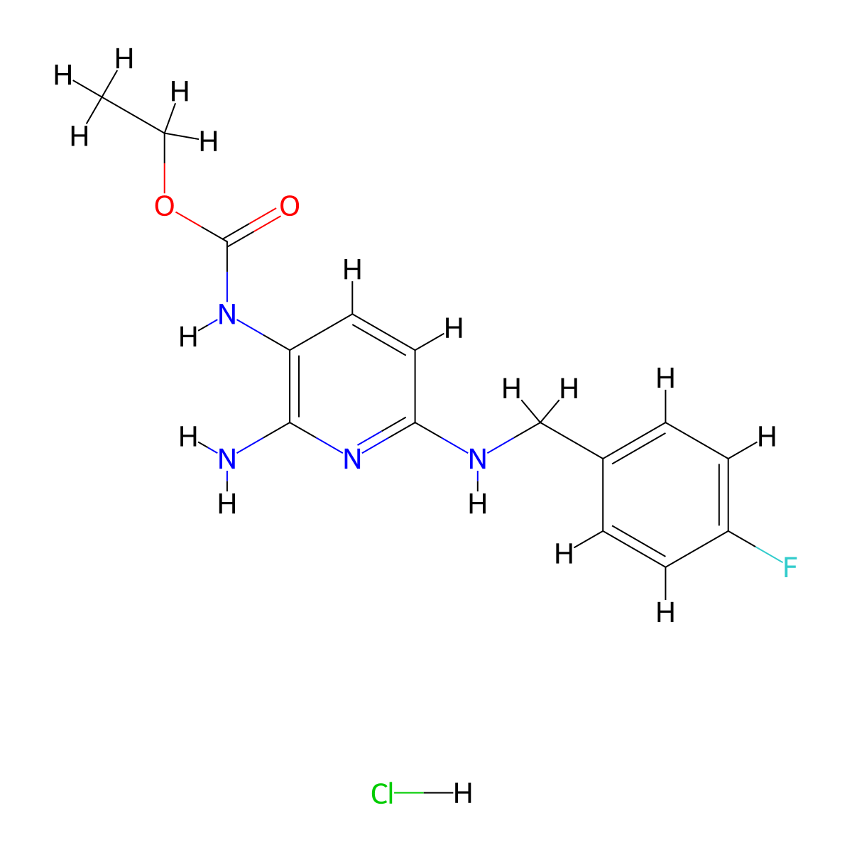 Carbamic acid, N-(2-amino-6-(((4-fluorophenyl)methyl)amino)-3-pyridinyl)-, ethyl ester, hydrochloride (1:1) molecular structure, CAS 33400-45-2