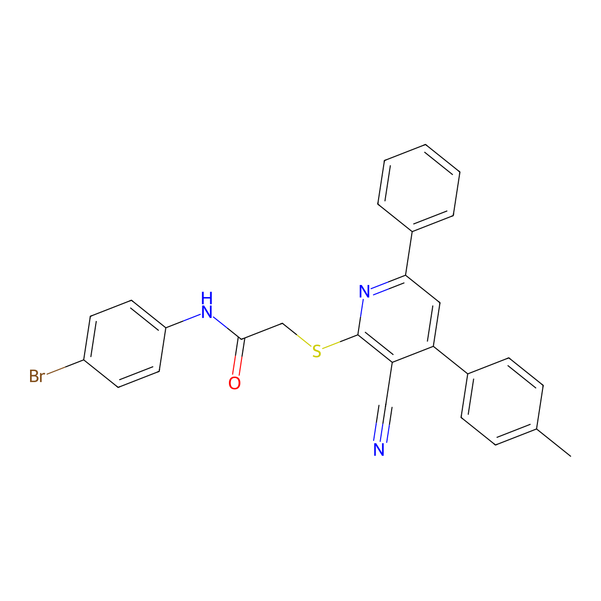 N-(4-Bromophenyl)-2-((3-cyano-6-phenyl-4-(p-tolyl)pyridin-2-yl)thio)acetamide molecular structure, CAS 334497-54-0