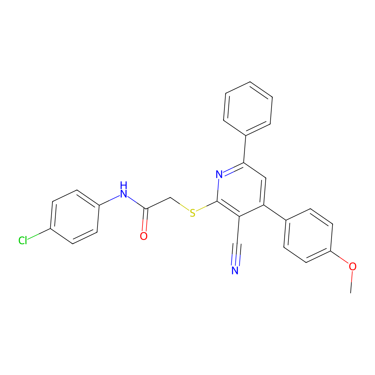 N-(4-Chlorophenyl)-2-((3-cyano-4-(4-methoxyphenyl)-6-phenylpyridin-2-yl)thio)acetamide molecular structure, CAS 334497-74-4