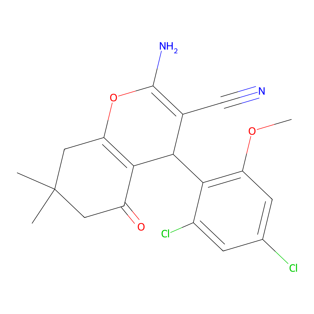 2-Amino-4-(2,4-dichloro-6-methoxyphenyl)-7,7-dimethyl-5-oxo-5,6,7,8-tetrahydro-4H-chromene-3-carbonitrile molecular structure, CAS 334498-00-9