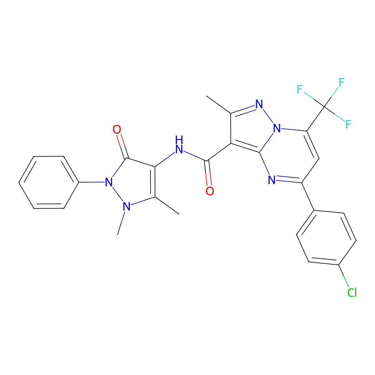 5-(4-chlorophenyl)-N-(1,5-dimethyl-3-oxo-2-phenyl-2,3-dihydro-1H-pyrazol-4-yl)-2-methyl-7-(trifluoromethyl)pyrazolo[1,5-a]pyrimidine-3-carboxamide molecular structure, CAS 334499-04-6
