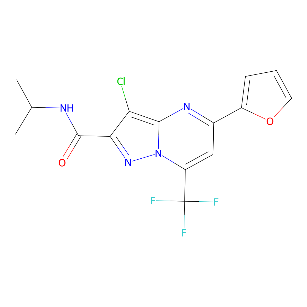 3-chloro-5-(2-furanyl)-N-propan-2-yl-7-(trifluoromethyl)-2-pyrazolo[1,5-a]pyrimidinecarboxamide molecular structure, CAS 334499-24-0