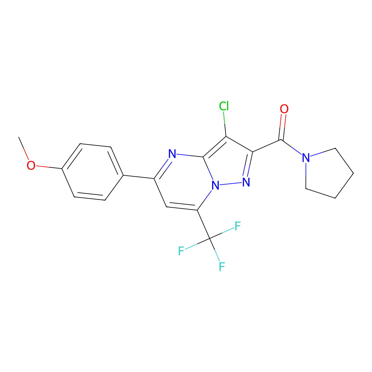 [3-Chloro-5-(4-methoxyphenyl)-7-(trifluoromethyl)pyrazolo[1,5-a]pyrimidin-2-yl]-pyrrolidin-1-ylmethanone molecular structure, CAS 334499-49-9