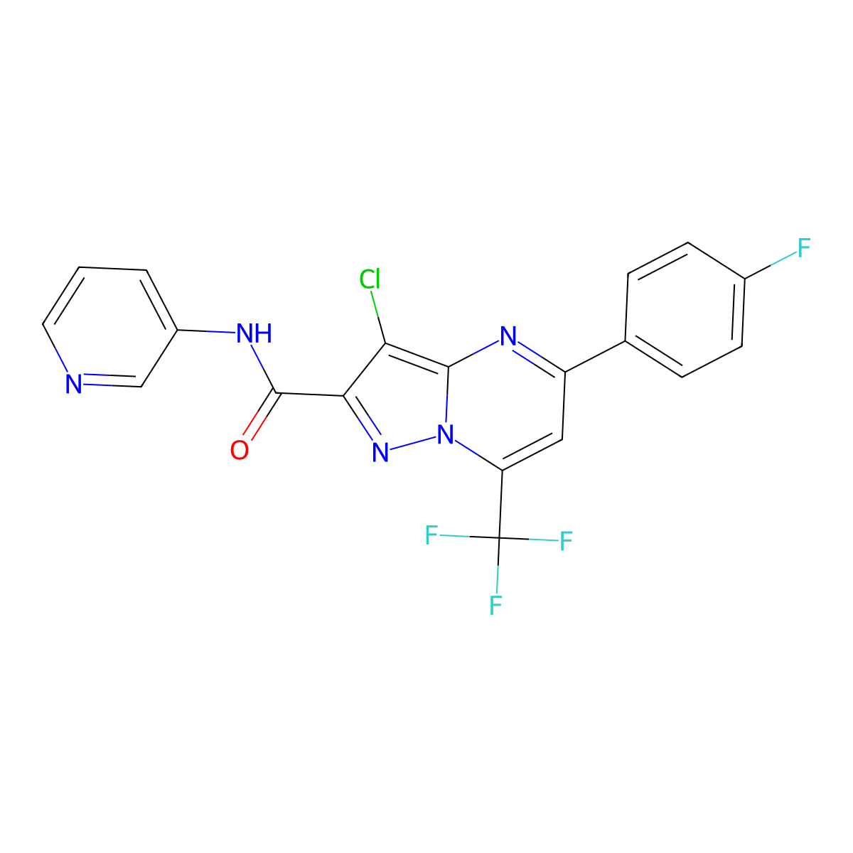 3-chloro-5-(4-fluorophenyl)-N-pyridin-3-yl-7-(trifluoromethyl)pyrazolo[1,5-a]pyrimidine-2-carboxamide molecular structure, CAS 334499-74-0