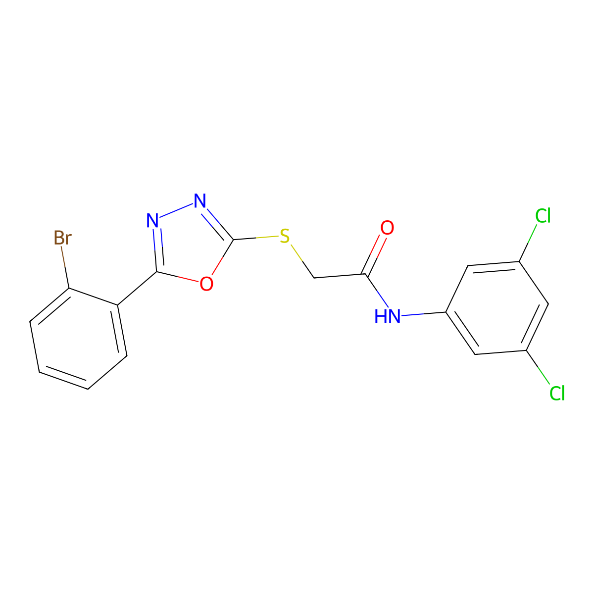 2-((5-(2-Bromophenyl)-1,3,4-oxadiazol-2-yl)thio)-N-(3,5-dichlorophenyl)acetamide molecular structure, CAS 334503-65-0