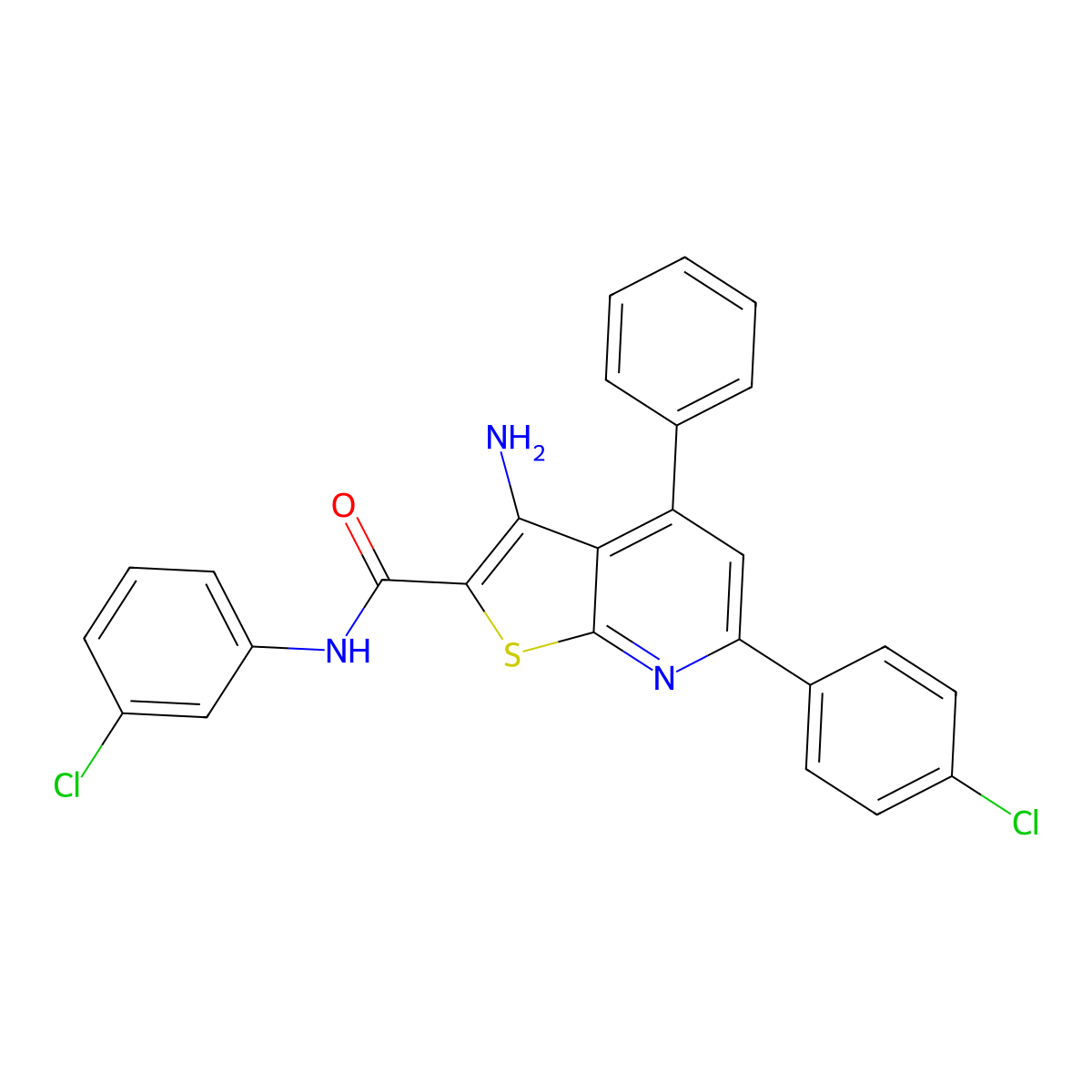 3-amino-N-(3-chlorophenyl)-6-(4-chlorophenyl)-4-phenylthieno[2,3-b]pyridine-2-carboxamide molecular structure, CAS 334503-98-9