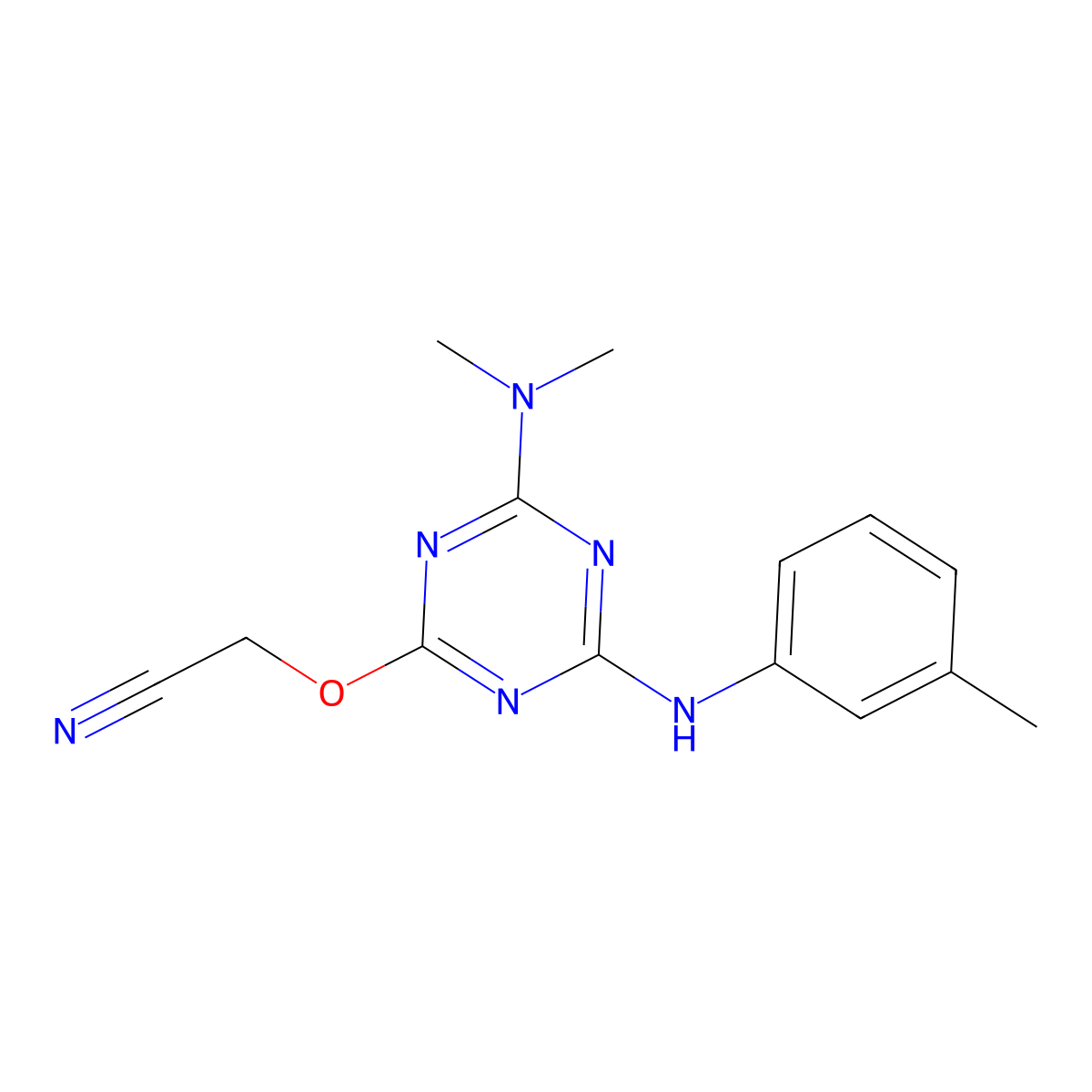 (4-Dimethylamino-6-m-tolylamino-[1,3,5]triazin-2-yloxy)-acetonitrile molecular structure, CAS 334504-79-9