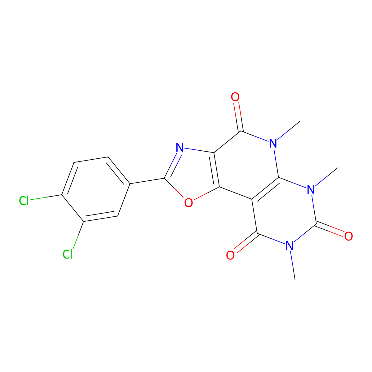 4-(3,4-Dichlorophenyl)-8,10,12-trimethyl-3-oxa-5,8,10,12-tetrazatricyclo[7.4.0.02,6]trideca-1(9),2(6),4-triene-7,11,13-trione molecular structure, CAS 334668-89-2