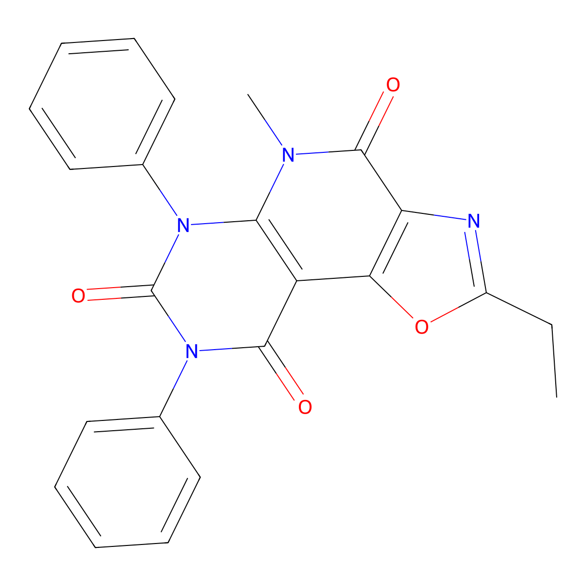 4-Ethyl-8-methyl-10,12-diphenyl-3-oxa-5,8,10,12-tetrazatricyclo[7.4.0.02,6]trideca-1(9),2(6),4-triene-7,11,13-trione molecular structure, CAS 334668-92-7