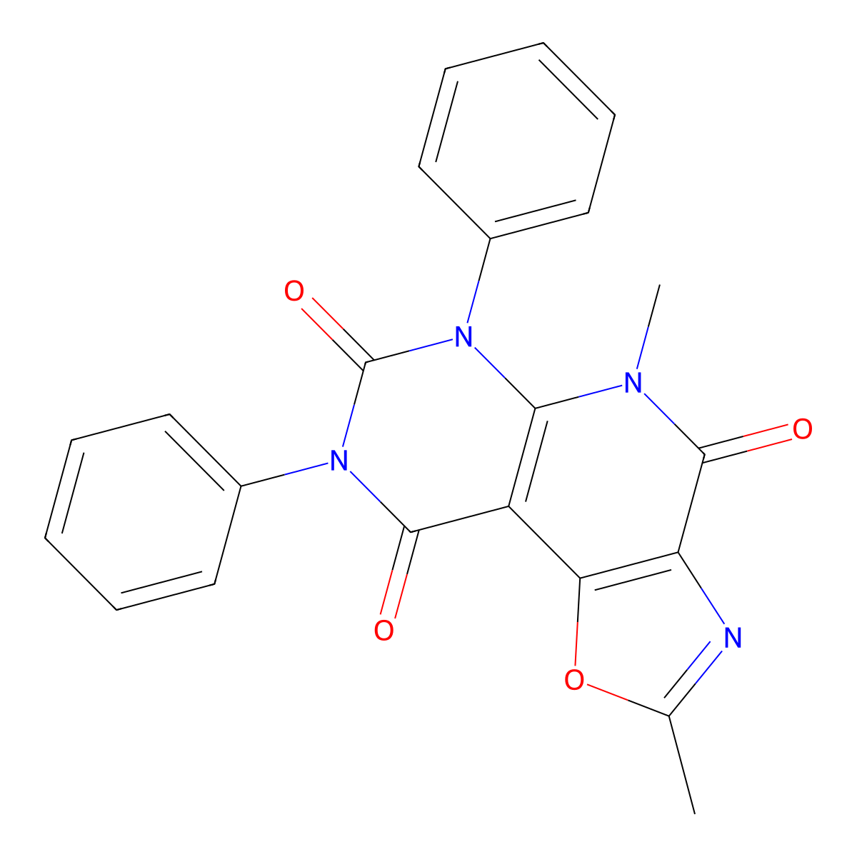 4,8-Dimethyl-10,12-diphenyl-3-oxa-5,8,10,12-tetrazatricyclo[7.4.0.02,6]trideca-1(9),2(6),4-triene-7,11,13-trione molecular structure, CAS 334668-94-9