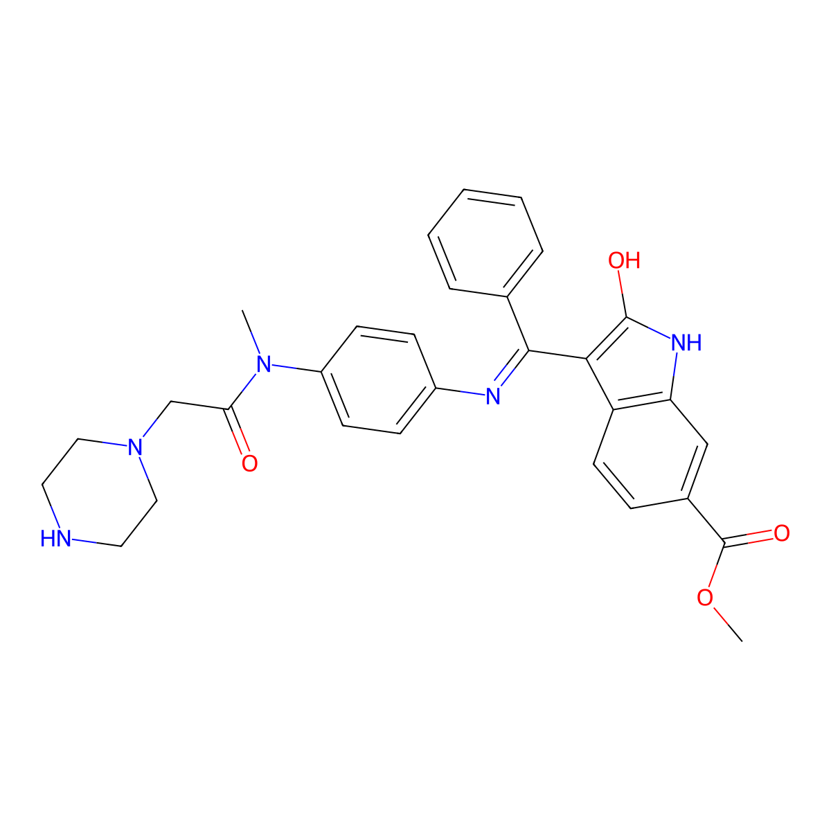 (Z)-Methyl 3-(((4-(N-methyl-2-(piperazin-1-yl)acetamido)phenyl)amino)(phenyl)methylene)-2-oxoindoline-6-carboxylate molecular structure, CAS 334951-61-0