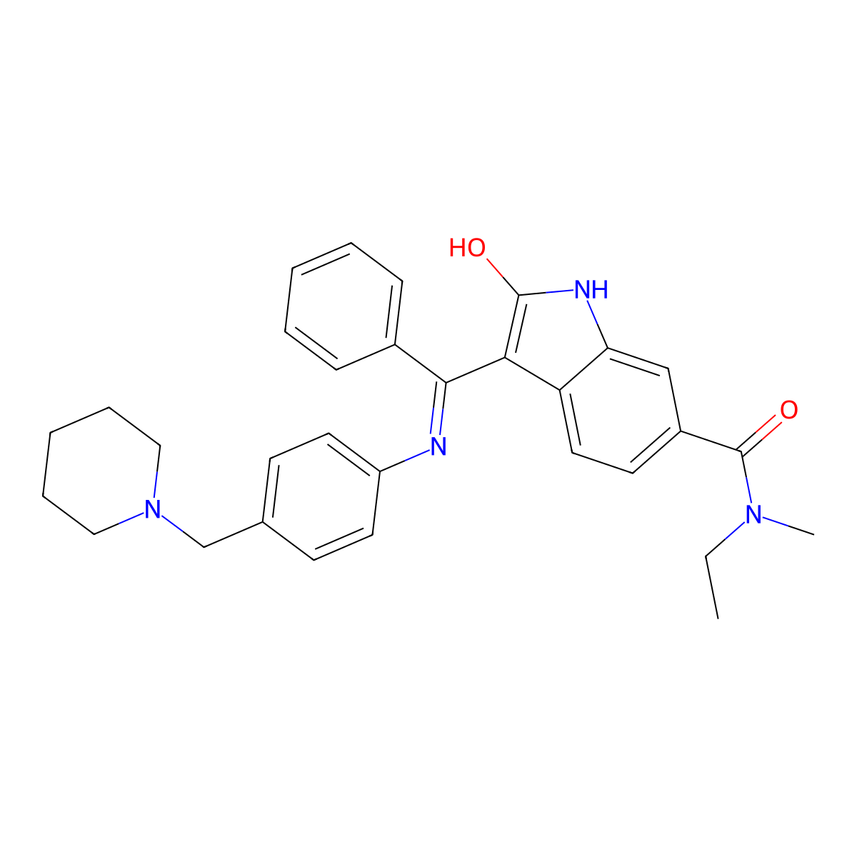 (Z)-N-Ethyl-N-methyl-2-oxo-3-(phenyl((4-(piperidin-1-ylmethyl)phenyl)amino)methylene)indoline-6-carboxamide molecular structure, CAS 334951-90-5