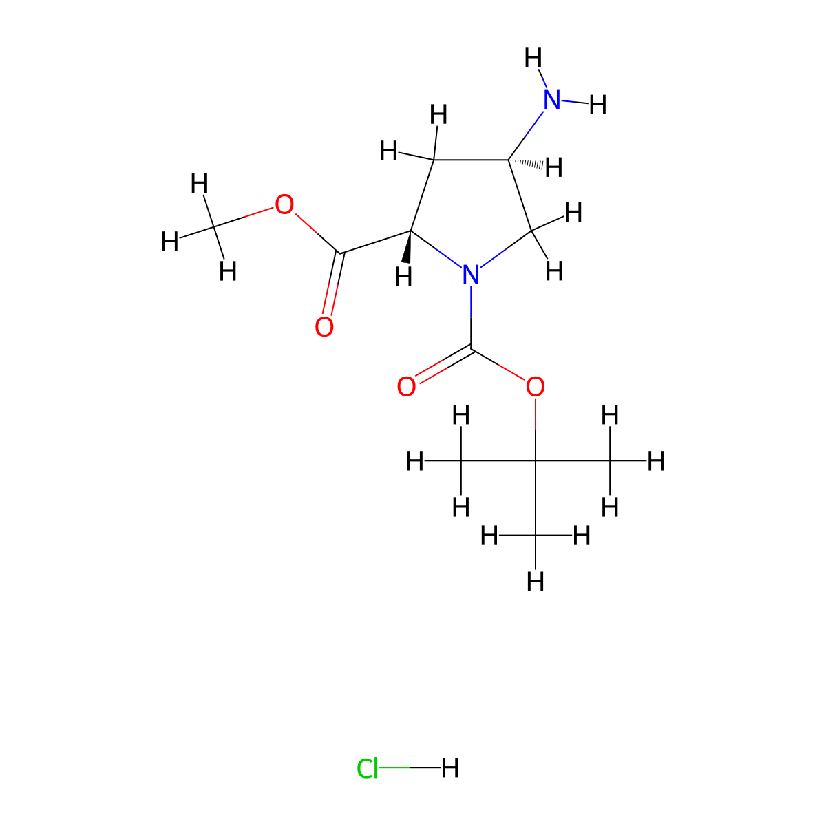 Methyl (2S,4R)-4-aminopyrrolidine-2-carboxylate hydrochloride, N1-BOC protected molecular structure, CAS 334999-32-5