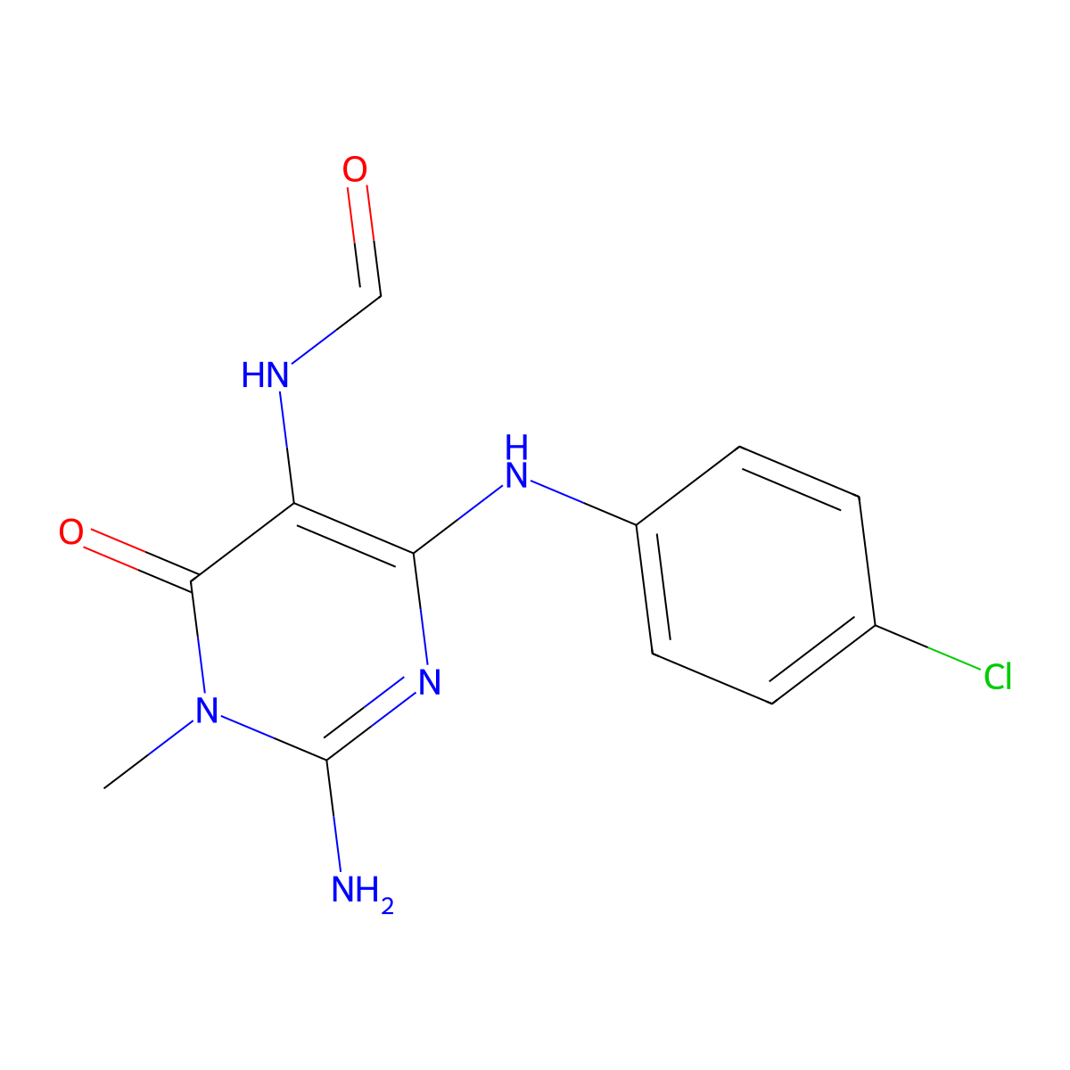 2-Amino-4-(4-chloroanilino)-1-methyl-6-oxo-1,6-dihydro-5-pyrimidinylformamide molecular structure, CAS 33507-06-1