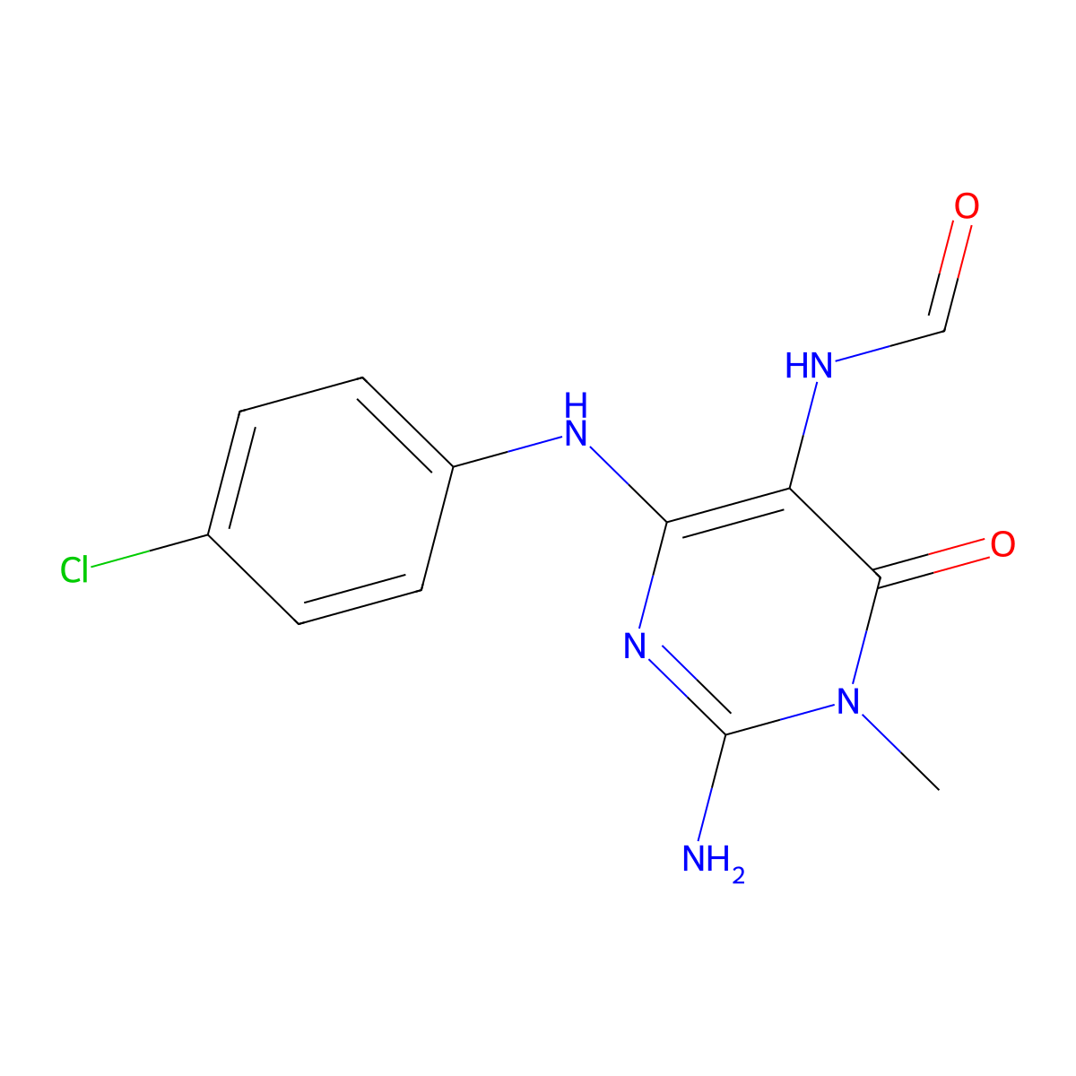 2-Amino-4-(4-chloroanilino)-1-methyl-6-oxo-1,6-dihydro-5-pyrimidinylformamide molecular structure, CAS 33507-06-1