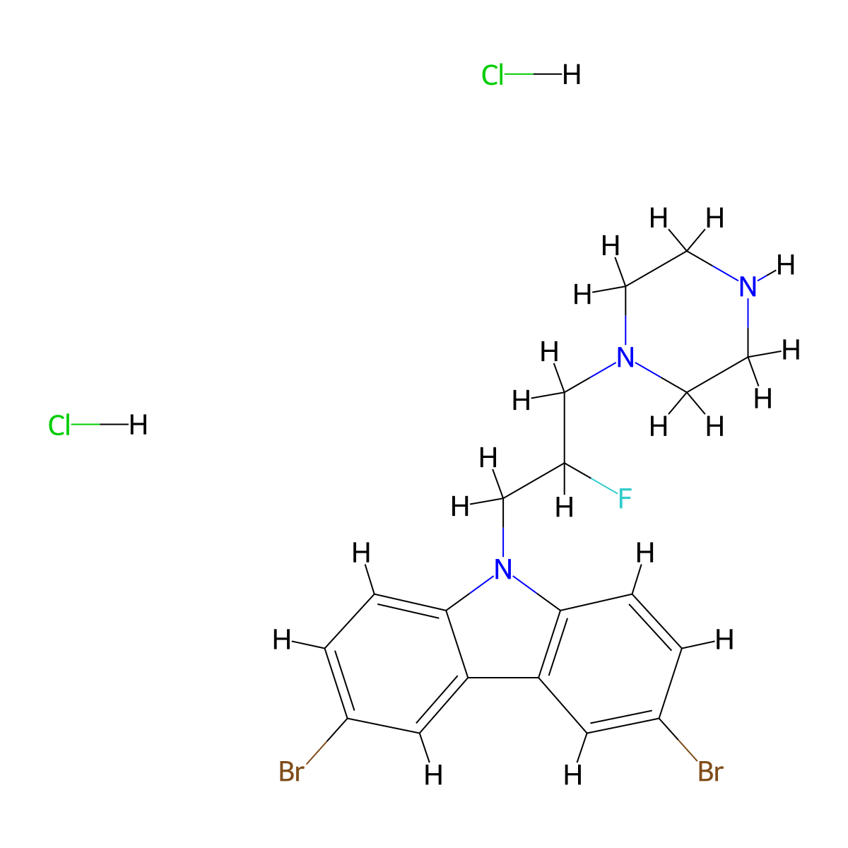 3,6-dibromo-9-(2-fluoro-3-(piperazin-1-yl)propyl)-9H-carbazole dihydrochloride molecular structure, CAS 335166-00-2