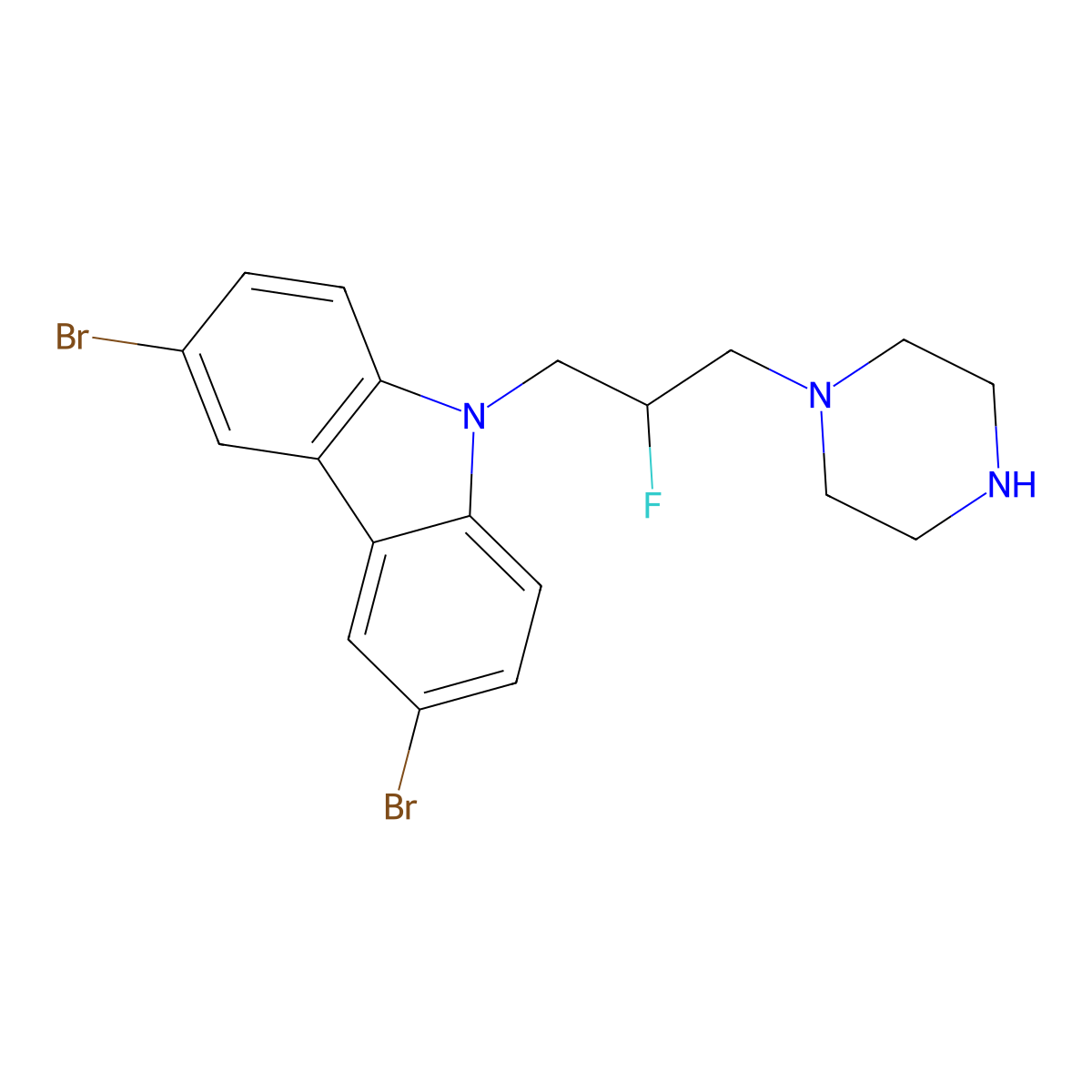 3,6-dibromo-9-(2-fluoro-3-(piperazin-1-yl)propyl)-9H-carbazole molecular structure, CAS 335166-36-4