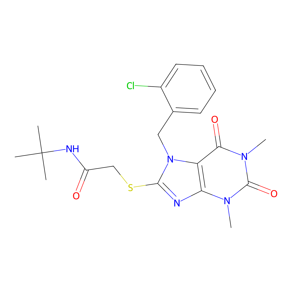 N-tert-butyl-2-[7-[(2-chlorophenyl)methyl]-1,3-dimethyl-2,6-dioxopurin-8-yl]sulfanylacetamide molecular structure, CAS 335208-75-8