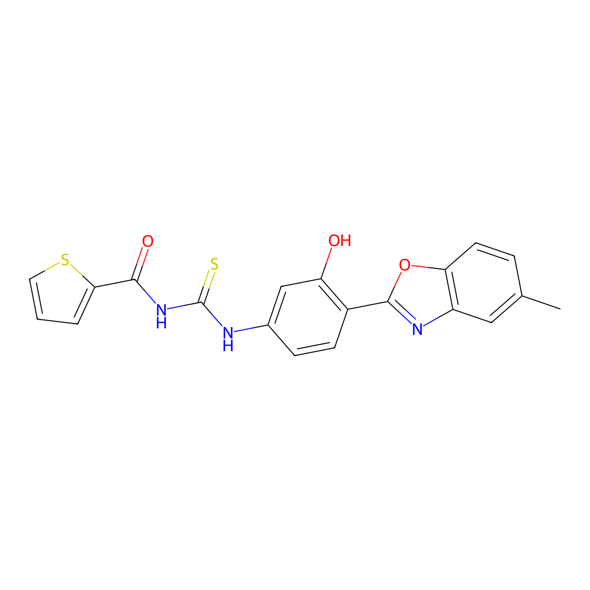 N-((3-hydroxy-4-(5-methylbenzo[d]oxazol-2-yl)phenyl)carbamothioyl)thiophene-2-carboxamide molecular structure, CAS 335209-11-5