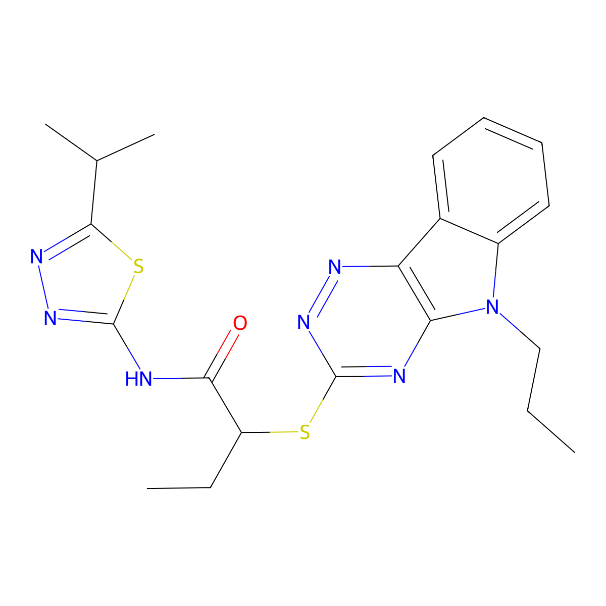 N-(5-propan-2-yl-1,3,4-thiadiazol-2-yl)-2-[(5-propyl-[1,2,4]triazino[5,6-b]indol-3-yl)sulfanyl]butanamide molecular structure, CAS 335209-23-9